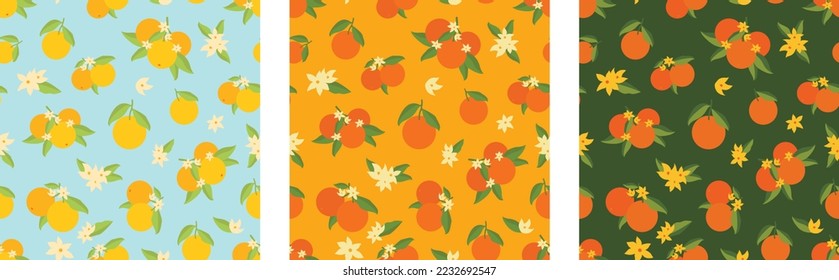Orange seamless repeat pattern set citrus fruits with leaves multiple color variations vector design modern abstract wallpaper background textile fabric web 