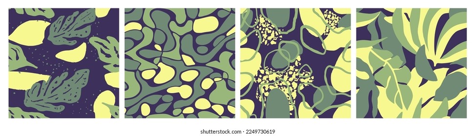 Conjunto De Estilo Aislado De Verano Sin Marea. Tejidos Verdes De Plantas Creativas, Patrón Sin Marea. Flora De Decoración Repetitiva Ligera Ilustración Art. 