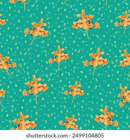 orange seamless vector flowers bunches pattern on retro texture green background