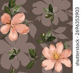 orange seamless vector flowers with green leaves pattern on grey background