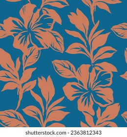 flores vectoriales sin costura naranja patrón de hoja en fondo azul