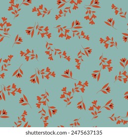orange seamless vector flowers leaves pattern on green background