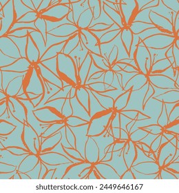 orange seamless vector flowers pattern on green background