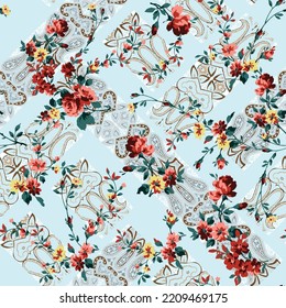 flores pequeñas de vector sin soldadura anaranjado con patrón de hojas en un fondo azul paisley bandanna sin soldadura