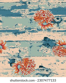 orange seamless vector stock flowers bunches pattern on green texture background