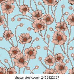 patrón de flores de stock de vector sin costuras naranja sobre fondo azul