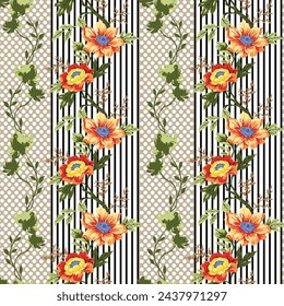 naranja sin costuras vector de flores de stock deja patrón de borde en rayas de fondo retro