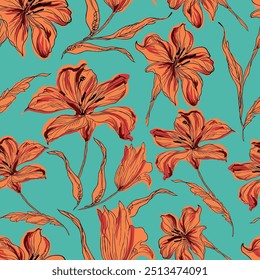 orange seamless vector stock flowers leaves pattern on green background