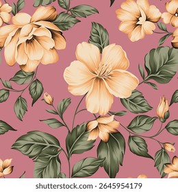 orange seamless vector stock flowers with green leaves pattern on background