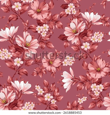 orange seamless vector stock flowers with leaves pattern on pink background