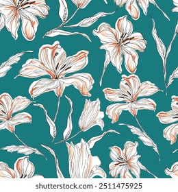 motif de feuilles de fleurs de stock de texture Image vectorielle harmonieuse orange sur fond vert
