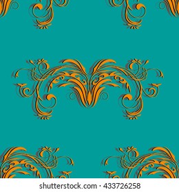 Orange seamless vintage pattern with floral elements abstract ornament on the background color of a sea wave, vector illustration