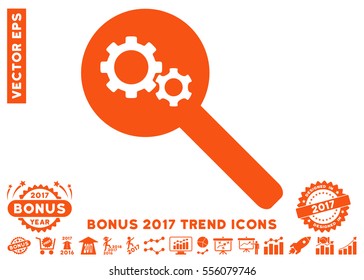 Orange Search Gears Tool pictograph with bonus 2017 trend icon set. Vector illustration style is flat iconic symbols, white background.