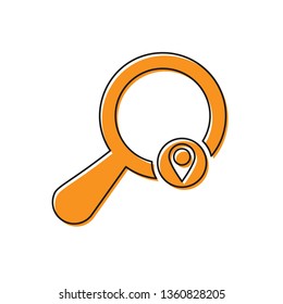 Orange Search location icon isolated on white background. Magnifying glass with pointer sign. Vector Illustration