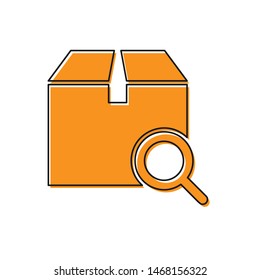 Orange Search package icon isolated on white background. Parcel tracking symbol. Magnifying glass and cardboard box. Logistic and delivery.  Vector Illustration