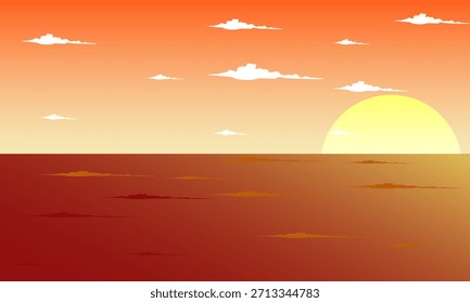Uma paisagem laranja com nuvens e um pôr do sol. A imagem cria uma vista tranquila e cênica do oceano