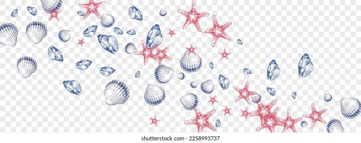 Orange Seashell Background Transparent Vector. Oyster Marine Textile Card. Drawn Wallpaper. Blue Shellfish Sketch Illustration. Ultramarine Scallop.