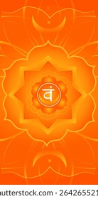 Laranja segundo sinal de chakra de Svadhishthana. Ilustração vertical vetorial. Flor de mandala abstrata. Fundo girassol. pano de fundo. Quadro de círculo de símbolo. Banner de classe de ioga de design de Chakras. Aura de meditação