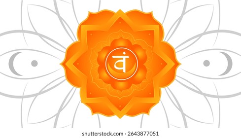 Laranja segundo sinal de chakra de Svadhisthana. Ilustração vetorial. Abstrato mandala cinza flor branca. Fundo girassol. pano de fundo. Quadro de círculo de símbolo. Banner de classe de ioga de design de Chakras. Aura de meditação