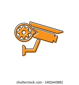 Orange Security camera and gear icon isolated on white background. Adjusting app, service concept, setting options, maintenance, repair, fixing. Vector Illustration