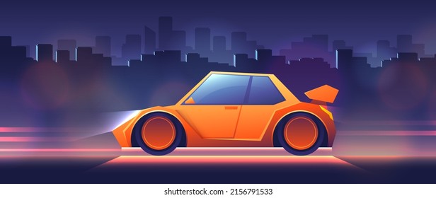Orange sedan car side view on city background. Horizontal illustration of metropolis nightlife scene.