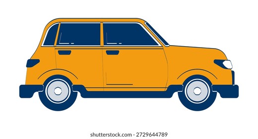 Naranja sedán vista lateral del coche 2D doodle objeto. Alquiler de automóviles. Vehículo Urbana. Conducción de la ciudad. Clipart de Vector plano de elemento de dibujos animados de transporte automático aislado sobre fondo blanco. Ilustración dibujada a mano