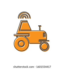Orange Self driving wireless tractor on a smart farm icon isolated on white background. Smart agriculture implement element.  Vector Illustration