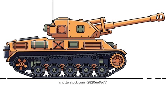 An orange self-propelled howitzer with a large caliber cannon on a tracked chassis.