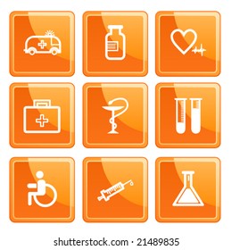 Orange senso medicine icons set. Vector.