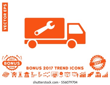 Orange Service Car pictogram with bonus 2017 year trend icon set. Vector illustration style is flat iconic symbols, white background.