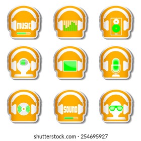orange set 2 headphone with gadget on white background. Tablet, disc, microphone, glass, load, musical column.