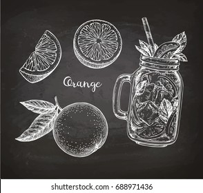 Orange set. Chalk sketch on blackboard background. Hand drawn vector illustration. Retro style.