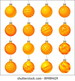 orange Set of Christmas balls ornaments. Winter holiday elements, vector