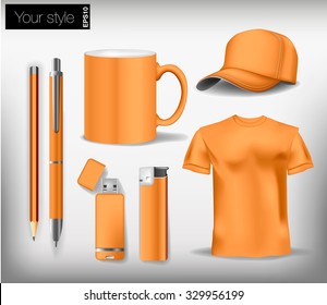 Orange set for corporate identity design kit, pen, cap, shirt, flash drive, cup, lighters, pencil. Vector illustration