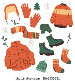 Orange set of cute cozy winter clothes: jacket, sweater, socks, hats, scarf. Vector hand drawn colorful funny cartoon style illustration.