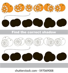 Orange set to find the correct shadow, the matching educational kid game to compare and connect objects and their true shadows, simple gaming level for preschool kids.