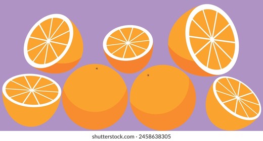 Orange. Set of fresh whole, half, cut slice orange fruit isolated on purple background. Tangerine. Organic fruit. Flat style. Vector illustration for any design. summer use, fall use!
