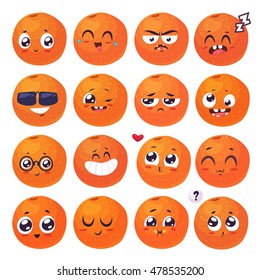 Orange set of funny smiles. Fruit and food collection. Vector cartoon illustration. Cute stylish characters.