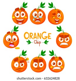 Orange set of funny smiles. Fruit and food collection. Vector cartoon illustration. Cute stylish characters.