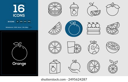 Orange set of outline icons related to analysis, infographic, analytics. Editable stroke. Vector illustration. 