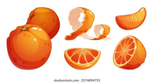 Orange set with peeled citrus elements - fresh whole fruit, bright segments, juicy slices, half with segments pattern, spiral twisted peel separated from pulp. Citrus for food packaging design.