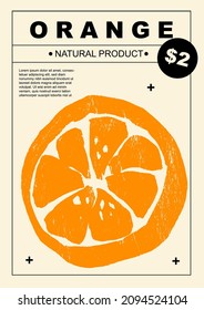 Orange. Set of posters of fruits and citrus in a abstract draw design. Label or poster, price tag. Simple, flat design. Patterns and backgrounds. Perfect for poster, cover, banner.