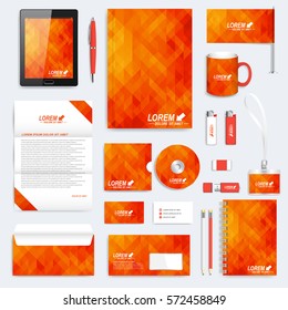 Orange set of vector corporate identity template. Modern stationery mock-up. Background with orange and yellow triangles. Business, science, medicine and technology design. Branding design