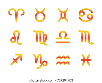 Orange set of zodiac symbols, flat icons on the white background. Zodiac signs set isolated on white background. Star signs for astrology horoscope. Zodiac line stylized symbols. Astrological calendar