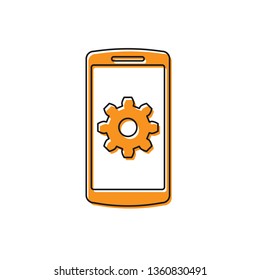 Orange Setting on smartphone screen icon on white background. Mobile phone and gear sign. Adjusting app, set options, repair, fixing phone concepts. Vector Illustration