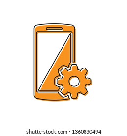 Orange Setting on smartphone screen icon on white background. Mobile phone and gear sign. Adjusting app, set options, repair, fixing phone concepts. Vector Illustration