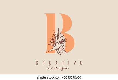 Diseño del logotipo de la letra B de sombra de naranja con rama de hojas de ilustración vectorial. Icono minimalista para productos naturales, ecológicos y biológicos.