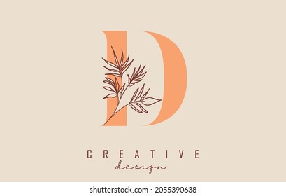 Diseño del logo de la letra D de color naranja con rama de la ilustración vectorial de hojas. Icono minimalista para productos naturales, ecológicos y biológicos.