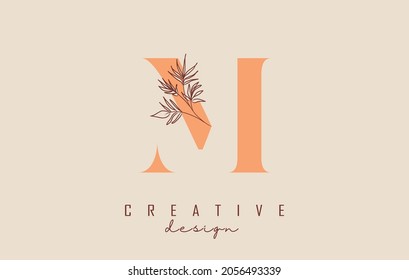 Orange shade M letter logo design with branch of leaves vector illustration. Minimalist icon for natural, eco and bio products.