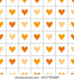 Orange shade in stitch line pattern with heart inside. Argyle vector pattern. Argyle pattern. Seamless geometric pattern for clothing, wrapping paper, backdrop, background, gift card, sweater.
